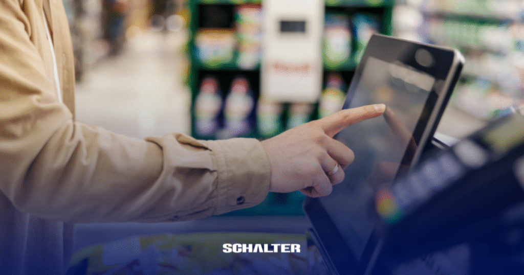 Homem usando um Self-checkout Schalter em um supermercado.