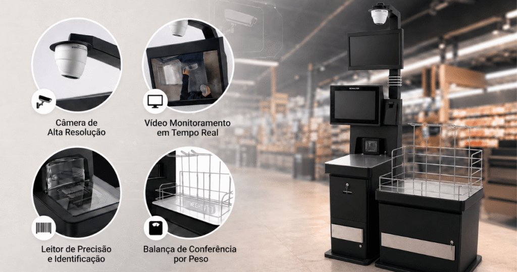 Self-checkout Schalter com câmera integrada e área de conferência para supermercados.