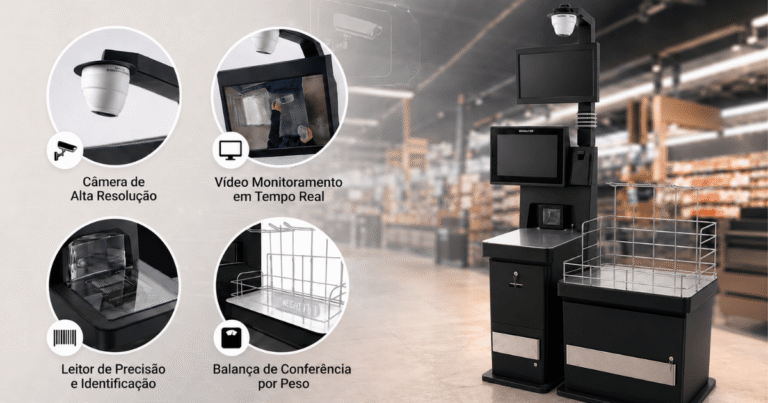 Self-checkout Schalter com câmera integrada e área de conferência para supermercados.